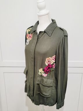 Angie Olive Green Utility Jacket with Pink & Cream Floral Embroidery | Large